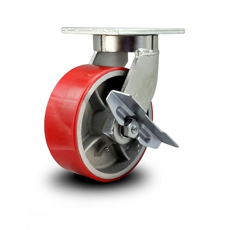 Service Caster 8 Inch Heavy Duty Red Poly on Cast Iron Caster with Brake and Swivel Lock SCC SCC-KP92S830-PUR-RS-SLB-BSL